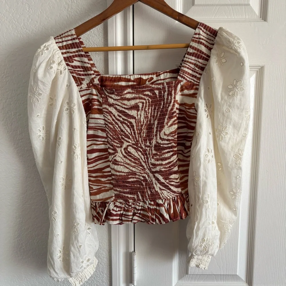 Anthropologie Love the Label Smocked Puff Sleeve Eyelet Blouse Size S‎